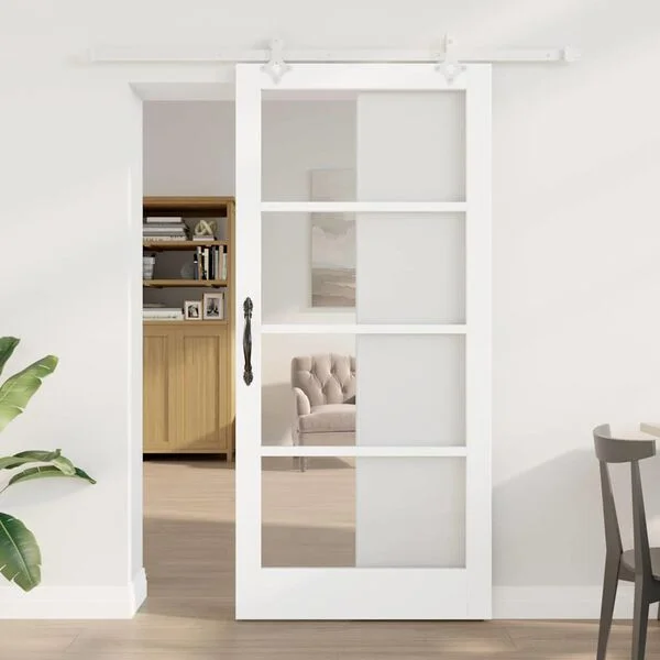 vidaXL Porte coulissante 93 x 202 cm Bois de pin massif et verre Blanc
