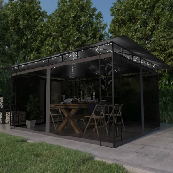 vidaXL Tonnelle avec moustiquaire et lumières LED 4x3x2, 73m Anthracite