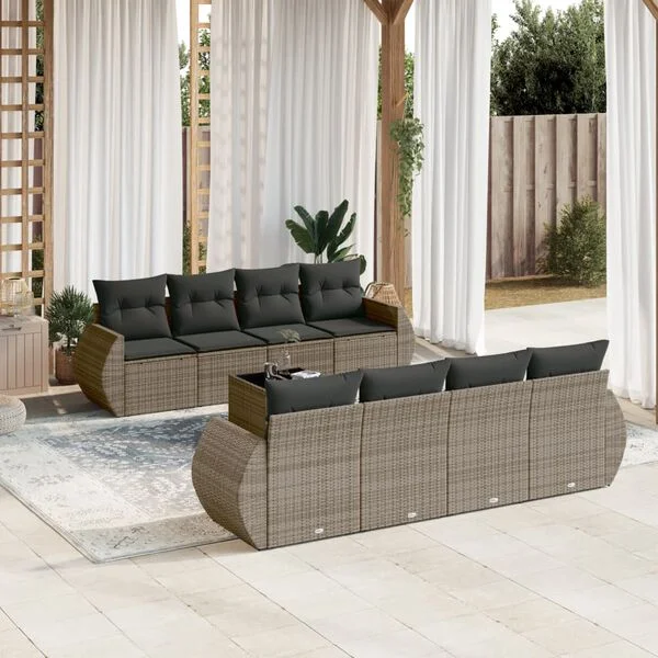 vidaXL Salon de jardin 9 pcs avec coussins gris résine tressée