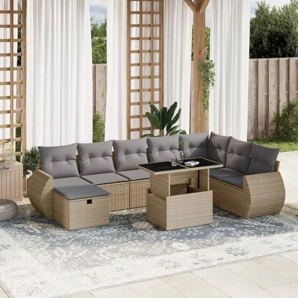 vidaXL Salon de jardin avec coussins 9 pcs beige résine tressée