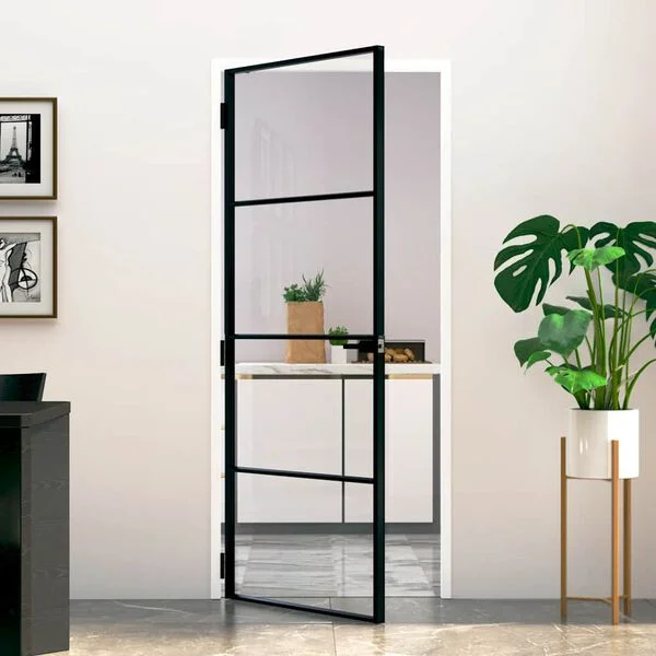 vidaXL Porte d'intérieur Noir 83x201, 5 cm Trempé verre aluminium fin