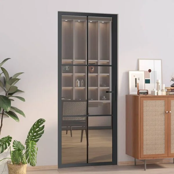 vidaXL Porte intérieure 83x201, 5 cm Noir Verre ESG et aluminium